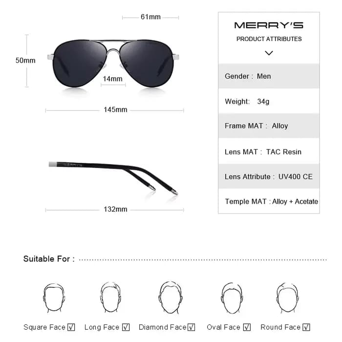 MERRYS – lunettes de soleil aviateur classiques pour hommes