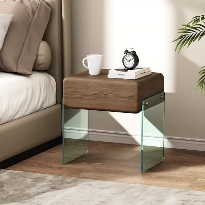 Table de chevet avec tiroir, pieds en verre transparent, Surface en simili cuir, tiroir en bois massif pour chambre à coucher, gris houblon