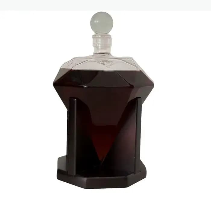 Bouteille en verre en forme de diamant avec base en bois, carafe en verre épaissi, flacon, carafe à liqueur, flacons à liqueur, bouteilles de whisky