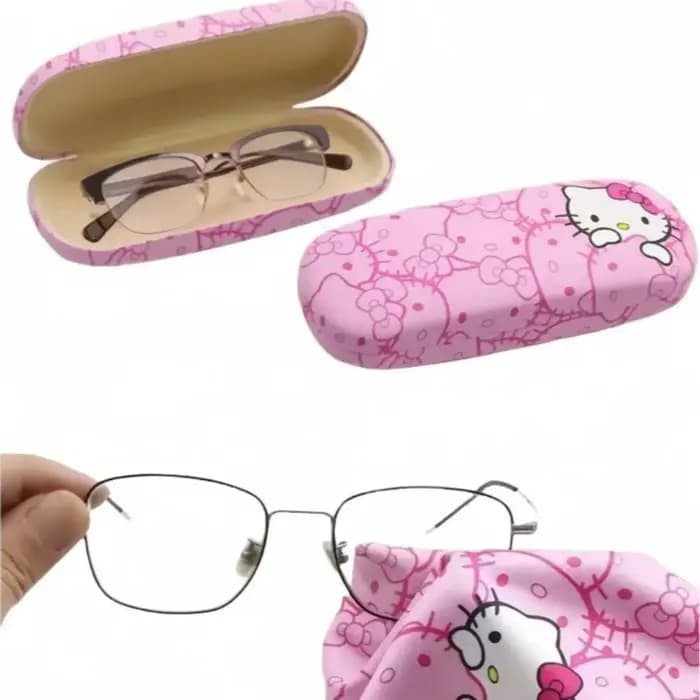 Étui à lunettes Hello Kitty et chiffon de nettoyage en microfibre douce, motif tête de chat rose, utilisé pour nettoyer et ranger les lunettes, les téléphones portables, 3 pièces