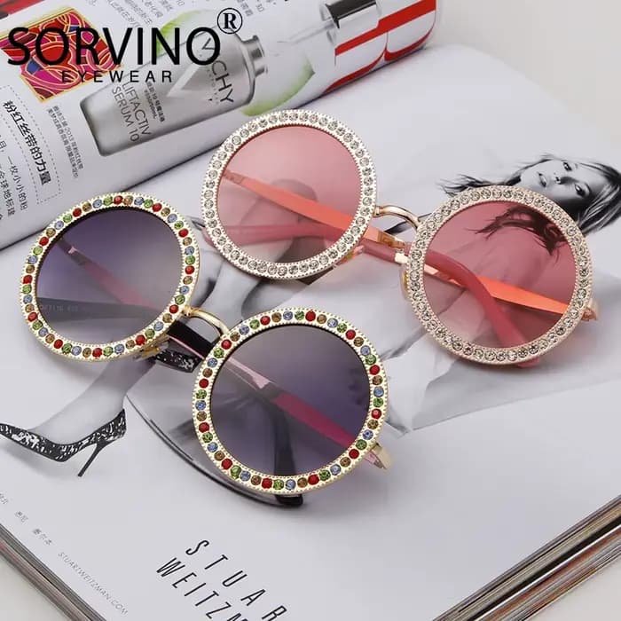 Lunettes de soleil rondes en cristal diamant pour femmes