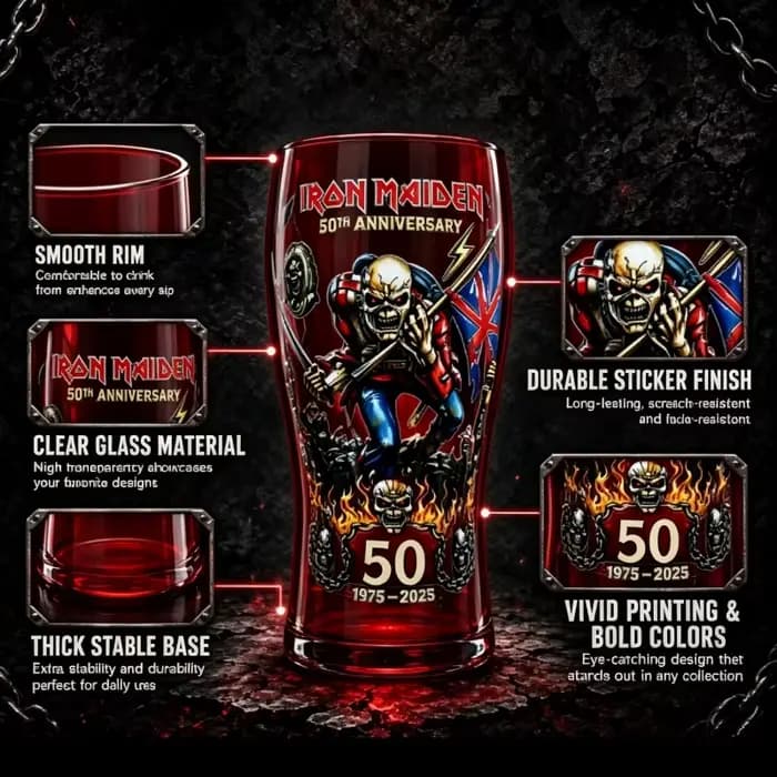 Verre à bière Iron Maiden Eddie The Head 1975-2025 – Commémoration 50 ans – Merchandising Heavy Metal Rock – Verre à bière (pint) – Articles de bar – Cadeau