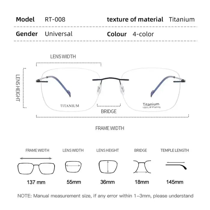 Lunettes de vue en titane pur pour hommes