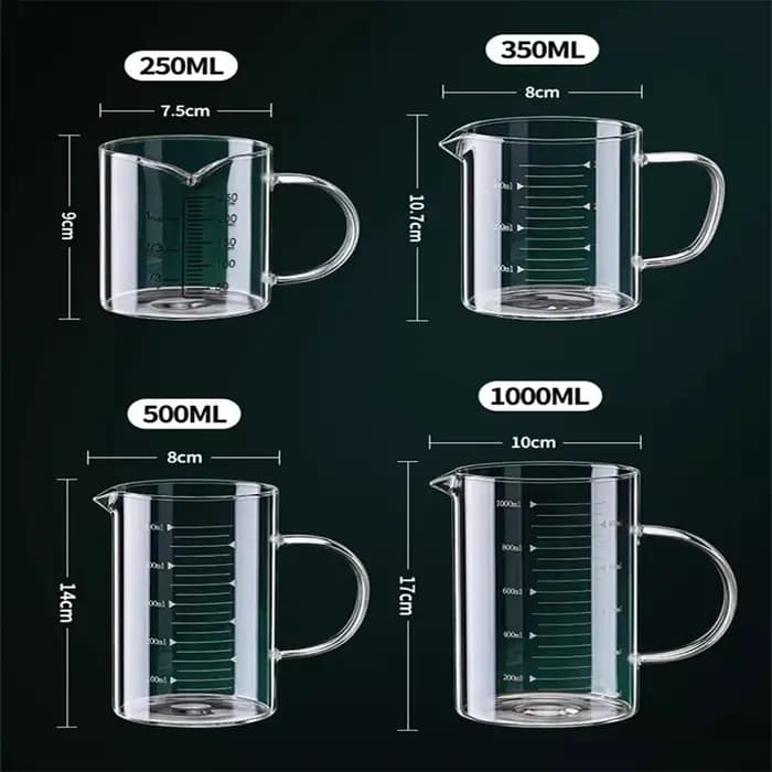Tasse à mesurer en verre avec poignée 250/350/500/1000 ml, 1 pièce, en verre borosilicate haute résistance, pour lait et café, résistante à la chaleur
