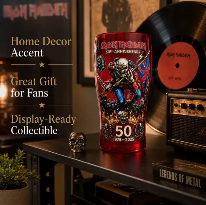 Verre à bière Iron Maiden Eddie The Head 1975-2025 – Commémoration 50 ans – Merchandising Heavy Metal Rock – Verre à bière (pint) – Articles de bar – Cadeau