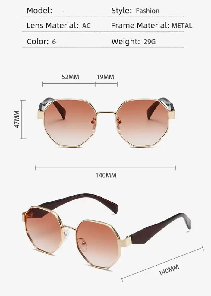 Lunettes de soleil rétro à monture polygonale en métal pour hommes et femmes