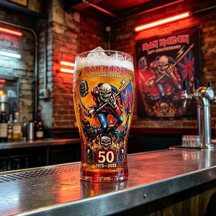 Verre à bière Red Iron Maiden, 50e anniversaire 1975-2025, avec autocollant, tasse à boire artisanale, verre à bière classique Rock Eddie The Trooper