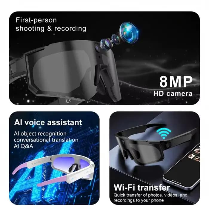 Lunettes intelligentes Xiaomi AI ChatGPT avec caméra 1080P, 8MP, anti-tremblement, pour le cyclisme, vidéo et photo, lunettes de sport, double micro, 32 Go, lunettes anti-vent