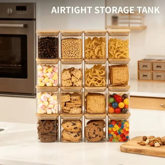 2/4/6/12Pcs-400Ml Pots en verre carrés hermétiques, récipients de stockage alimentaire pour la cuisine, pots de stockage alimentaire avec couvercles, pots à biscuits, pots à sucre, pots de stockage de