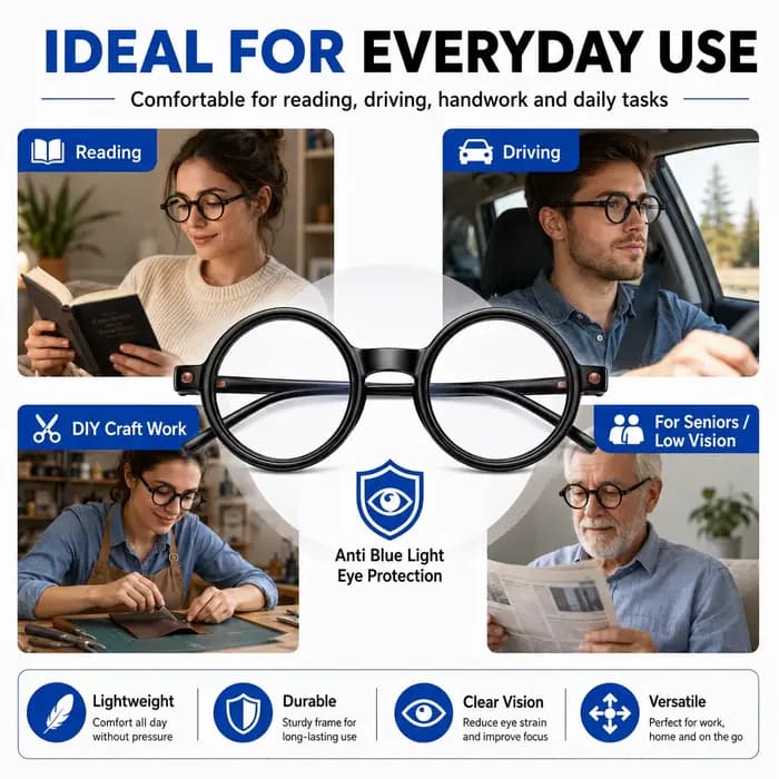 BEAU FIVE Lunettes de vue rondes vintage anti-lumière bleue, pour myopie, unisexe, pour la lecture, la conduite, les seniors, avec étui LAM