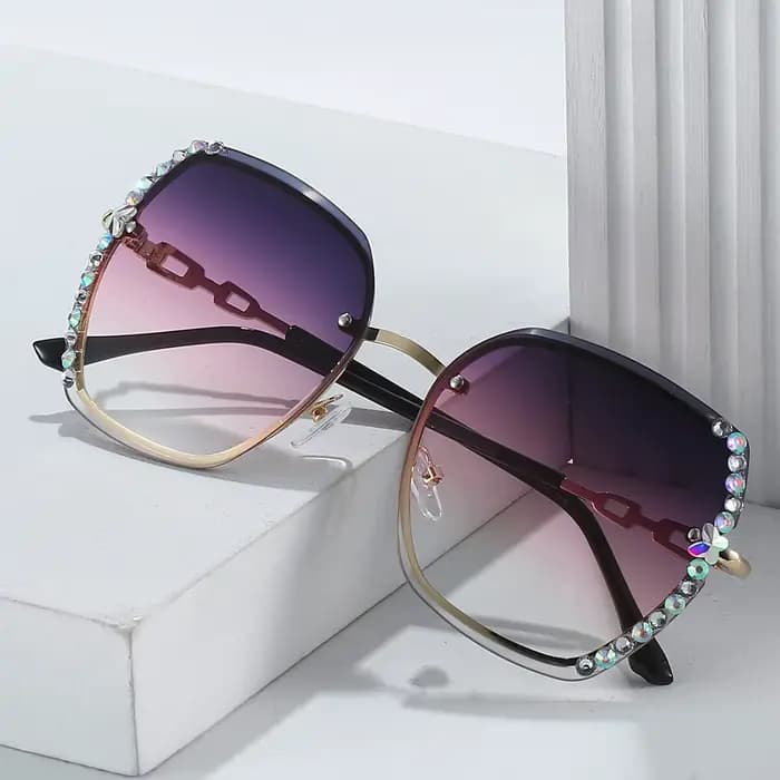 Strass Décor Sans Monture Mode Lunettes De Soleil Pour Femmes Hommes Casual Gradient
