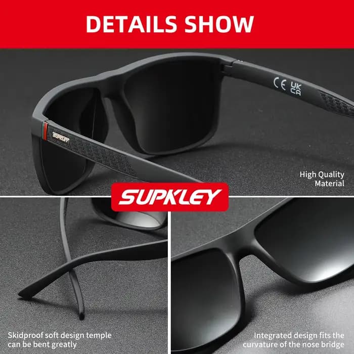 SUPKLEY Lunettes de soleil polarisées simples et décontractées avec monture carrée