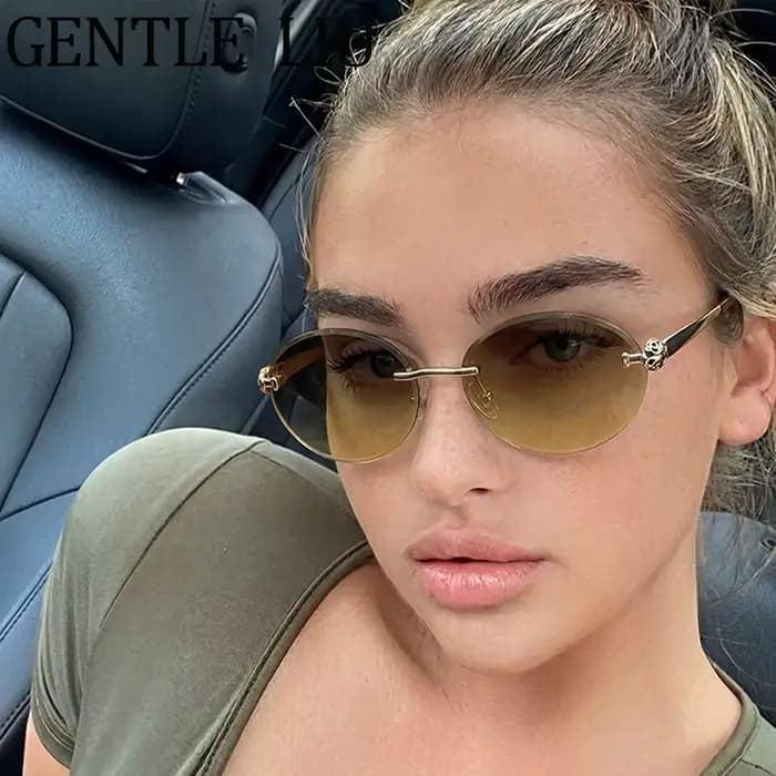 Lunettes de soleil ovales sans monture Steampunk pour femme 2026 – Marque de luxe