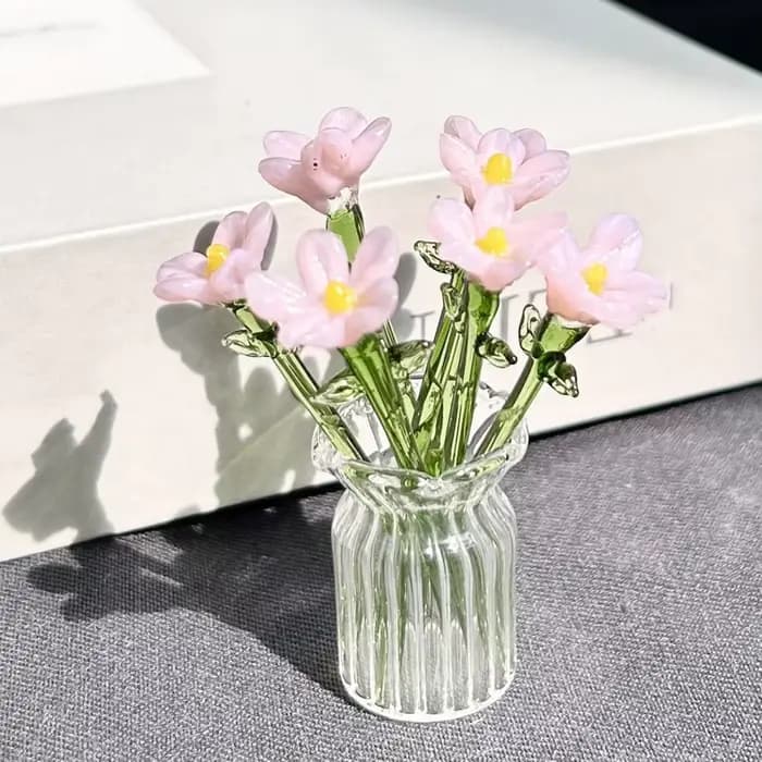 Décor de fleurs en verre fleurs en verre faites à la main Bouquet de fleurs en verre soufflé à la main avec Vase Mini décoration florale pour la maison