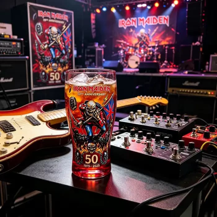 Verre à bière Iron Maiden Eddie The Head 1975-2025 – Commémoration 50 ans – Merchandising Heavy Metal Rock – Verre à bière (pint) – Articles de bar – Cadeau