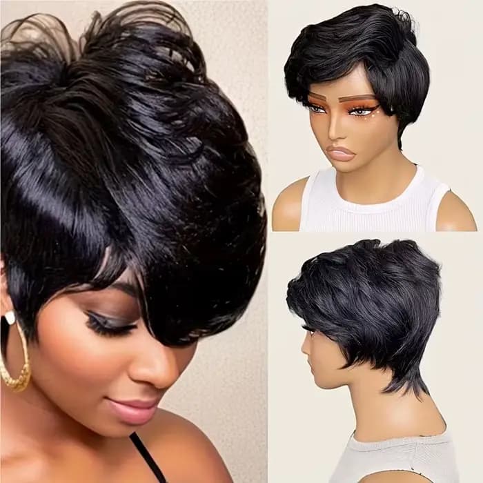 Perruque coupe lutin de cheveux humains sans colle de 6 pouces pour femmes avec longue frange Swoopy - Perruques superposées droites de densité 180%