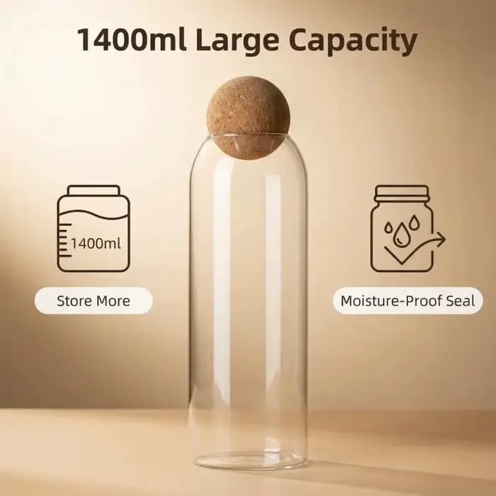 Bocaux en verre élégants avec couvercles en liège, tailles variées pour le stockage de grains de café et de fruits secs