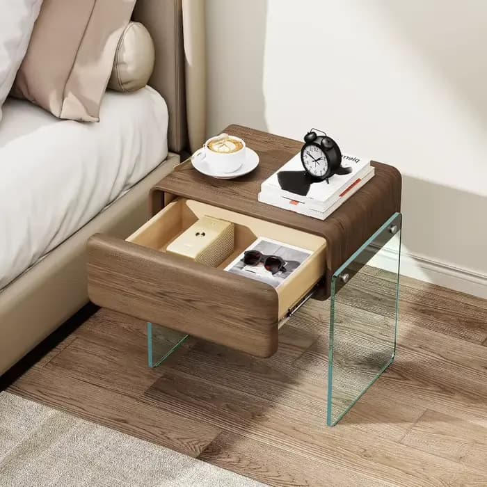 Table de chevet avec tiroir, pieds en verre transparent, Surface en simili cuir, tiroir en bois massif pour chambre à coucher, gris houblon