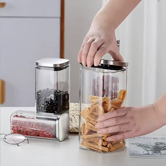bocaux en verre alimentaire Bocaux en verre scellés avec couvercle pour le stockage du café,bocal en verre ave boîte carrée pour bonbons, Biscuits, Pot de cuisine, bocal Mason, récipient pour aliments