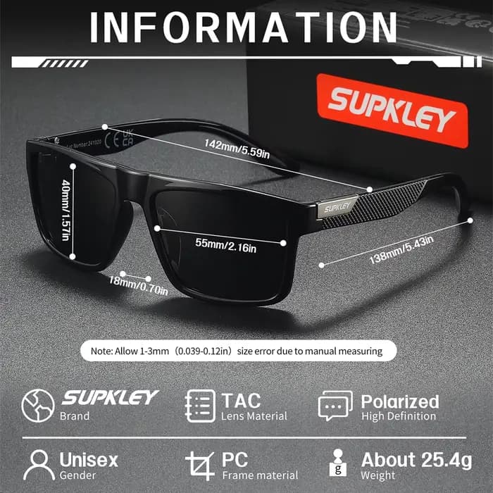 SUPKLEY Lunettes de soleil polarisées de style professionnel légères et confortables avec monture carrée et protection