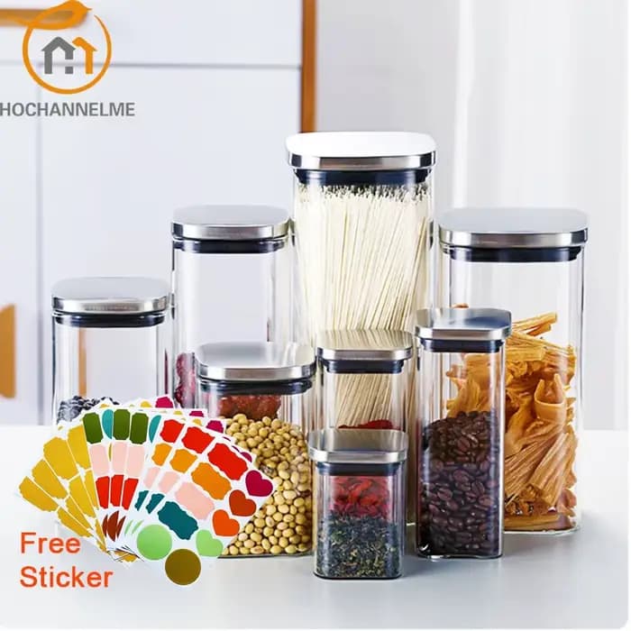 bocaux en verre alimentaire Bocaux en verre scellés avec couvercle pour le stockage du café,bocal en verre ave boîte carrée pour bonbons, Biscuits, Pot de cuisine, bocal Mason, récipient pour aliments