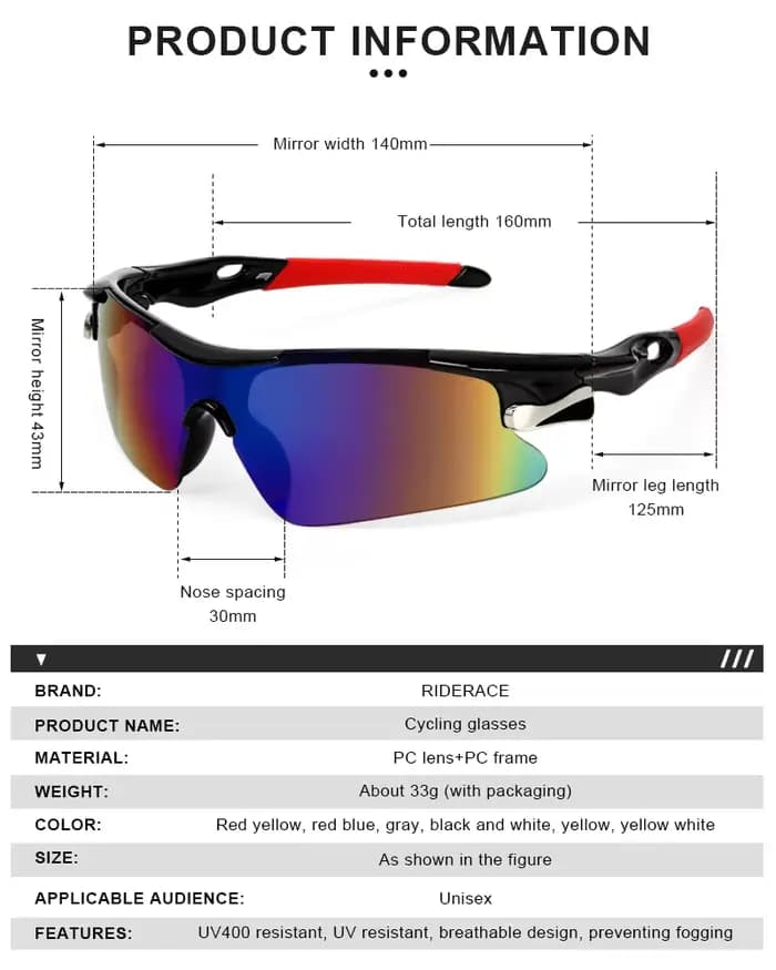 RIDERACE Sport Hommes Lunettes De Soleil Route Vélo