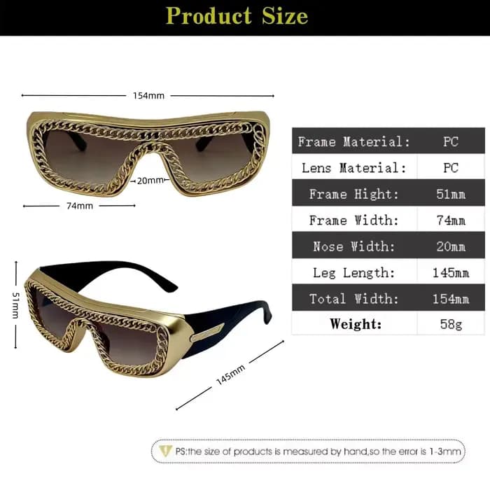 Lunettes de soleil rectangulaires de luxe avec chaîne dorée