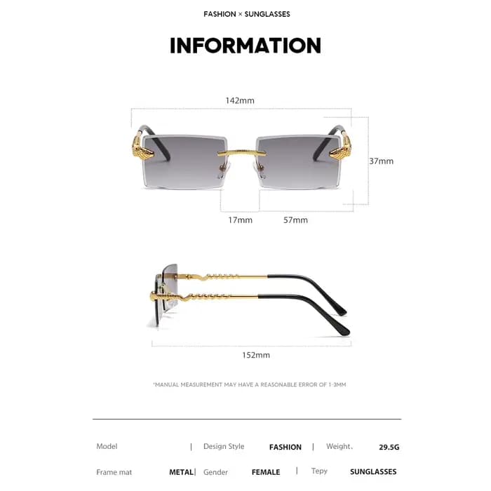 Lunettes de soleil carrées vintage sans monture motif serpent pour hommes et femmes