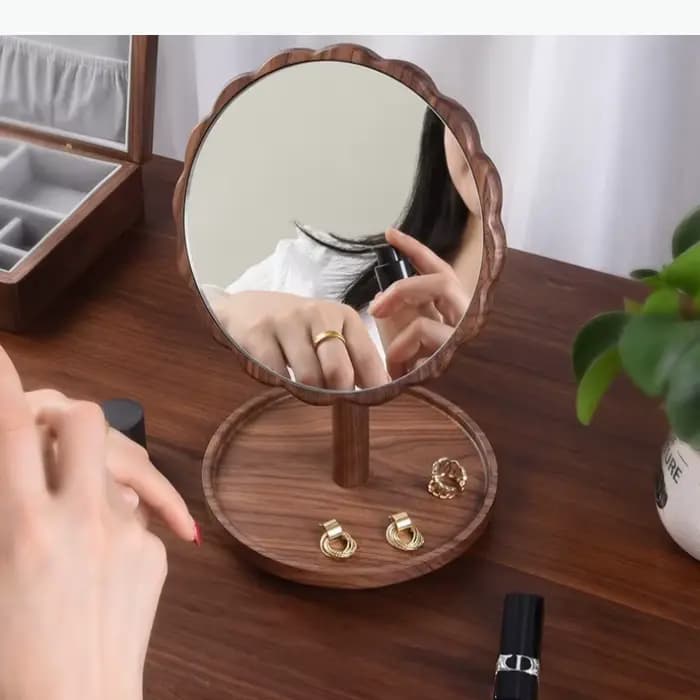 Miroir de maquillage sur pied en bois, miroir de coiffeuse, miroirs décoratifs en verre, plateau à bijoux, plateau de rangement pour outils de maquillage