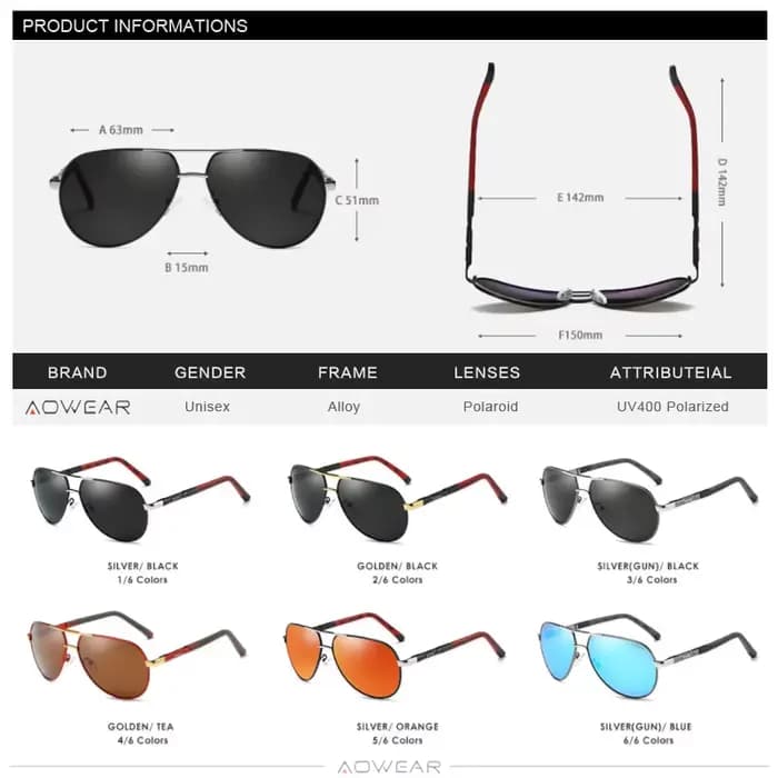 AOWEAR Aviation lunettes de soleil polarisées hommes en aluminium conduite miroir