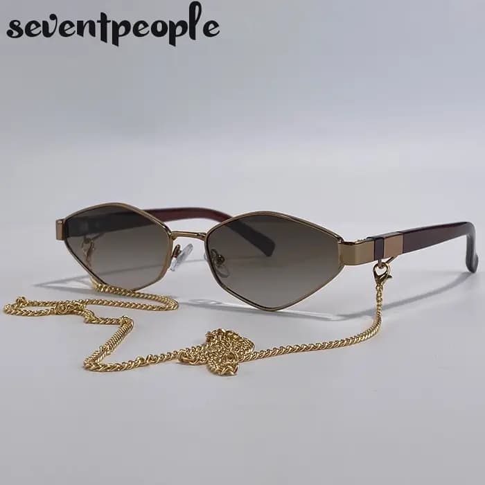 Lunettes de soleil hexagonales à petite monture avec chaîne pour femme 2026 – Marque de luxe vintage
