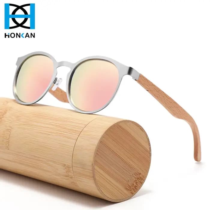 Deisgn élégant marque bambou bois lunettes de soleil polarisées rétro circulaire