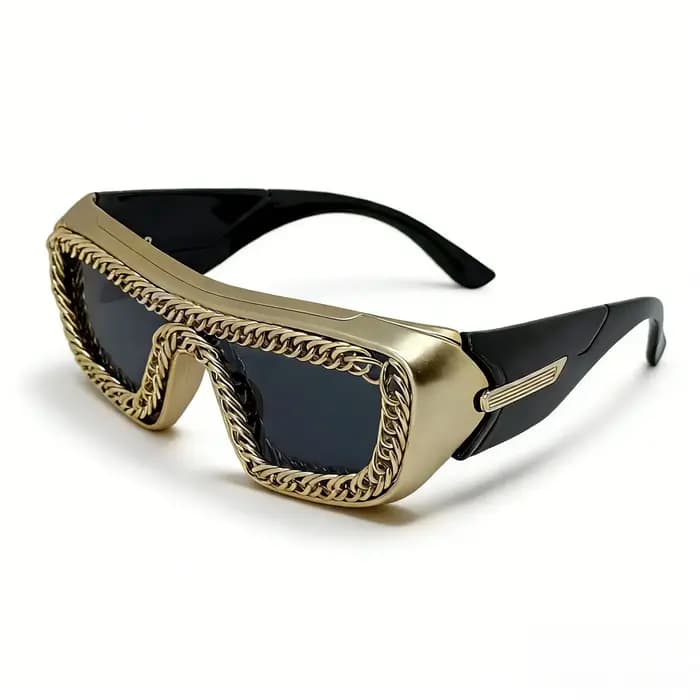 Lunettes de soleil rectangulaires de luxe avec chaîne dorée