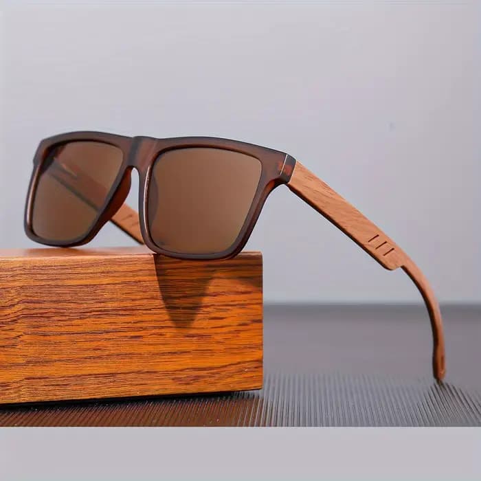 Lunettes de soleil carrées décontractées, Grain de bois, charnières à ressort, Protection UV400, uni