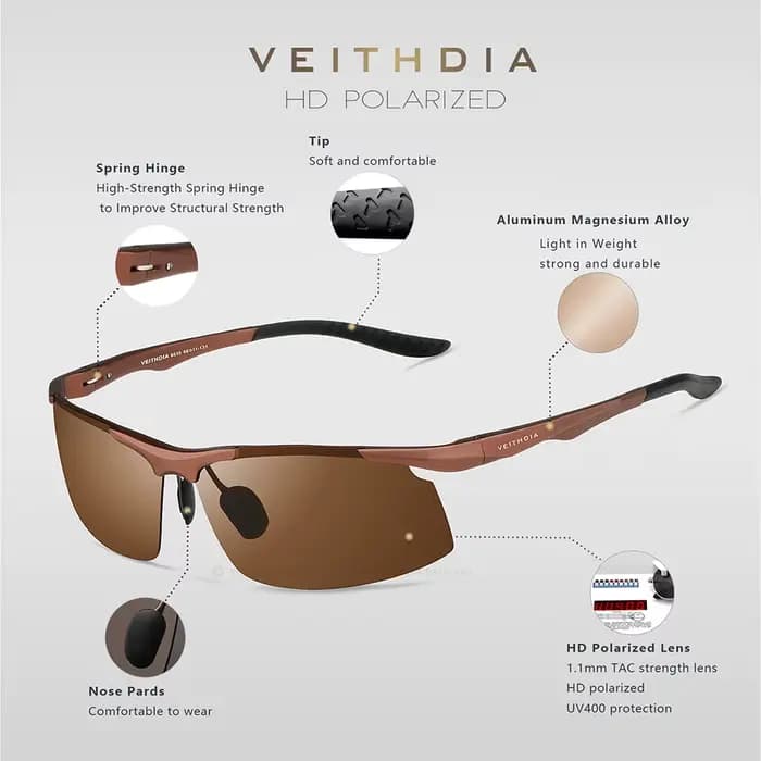Lunettes de soleil de marque VEITHDIA en aluminium pour hommes, verres polarisés UV400, sans monture