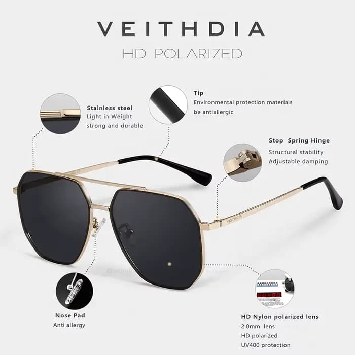 VEITHDIA-Lunettes de soleil vintage polarisées pour homme et femme, verres carrés en nylon, style ré