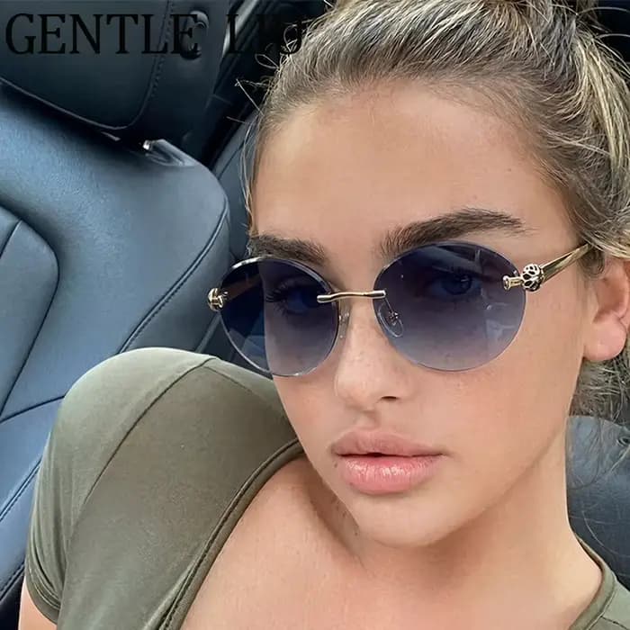 Lunettes de soleil ovales sans monture Steampunk pour femme 2026 – Marque de luxe