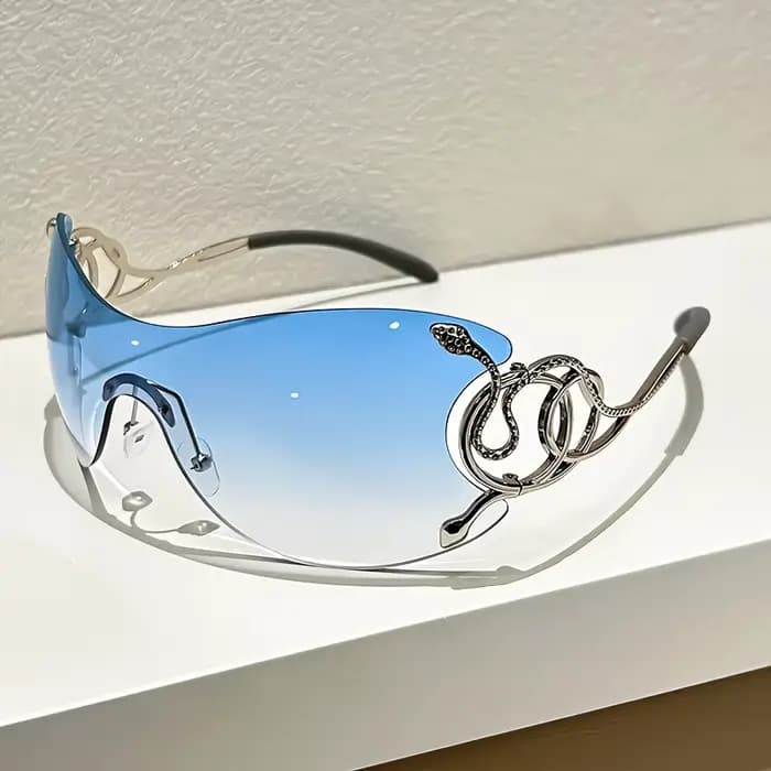 Lunettes de soleil nouveau style avec décoration motif serpent : design sans monture en alliage de zinc, lentilles PC, charnières métalliques Perfect Street Fashion.