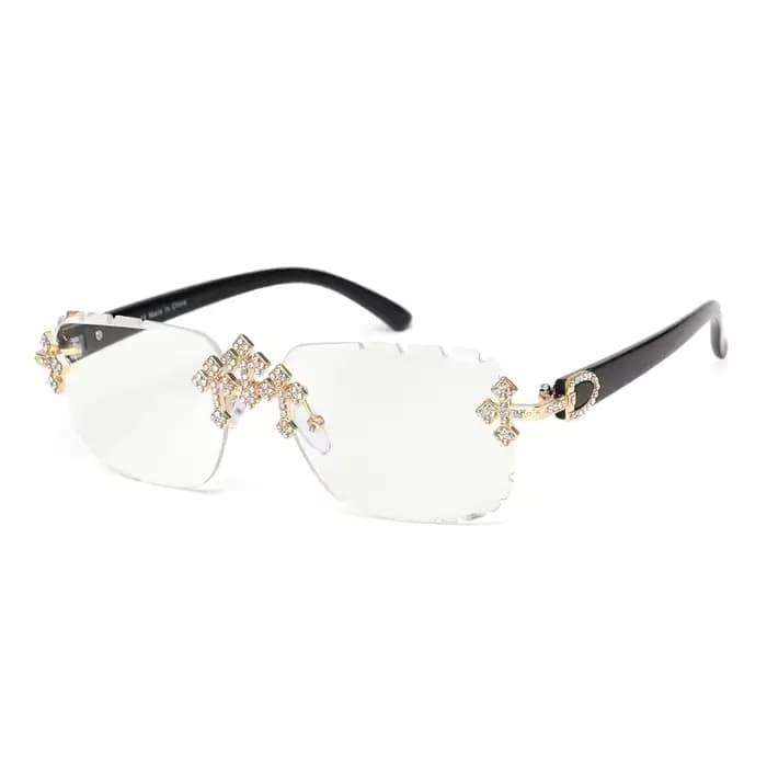 2025 mode carré sans monture lunettes de soleil pour femmes croix diamant métal cadre lunettes de lu