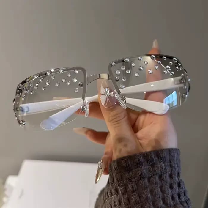 Lunettes de soleil sans monture à strass, style rétro, anti-lumière bleue, pour femme, avec strass a