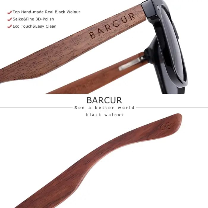 BARCUR noir noyer lunettes de soleil bois lunettes de soleil polarisées hommes lunettes hommes UV400