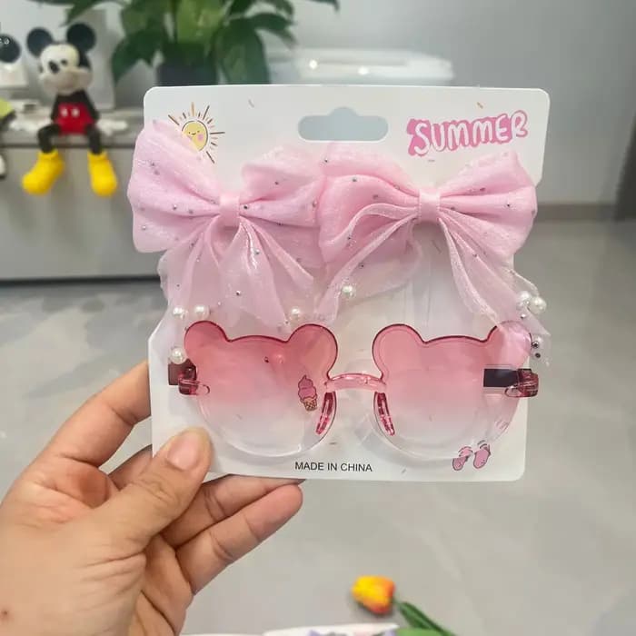Ensemble d'accessoires d'été pour filles : Lunettes de soleil dégradées en forme d'ours mignon