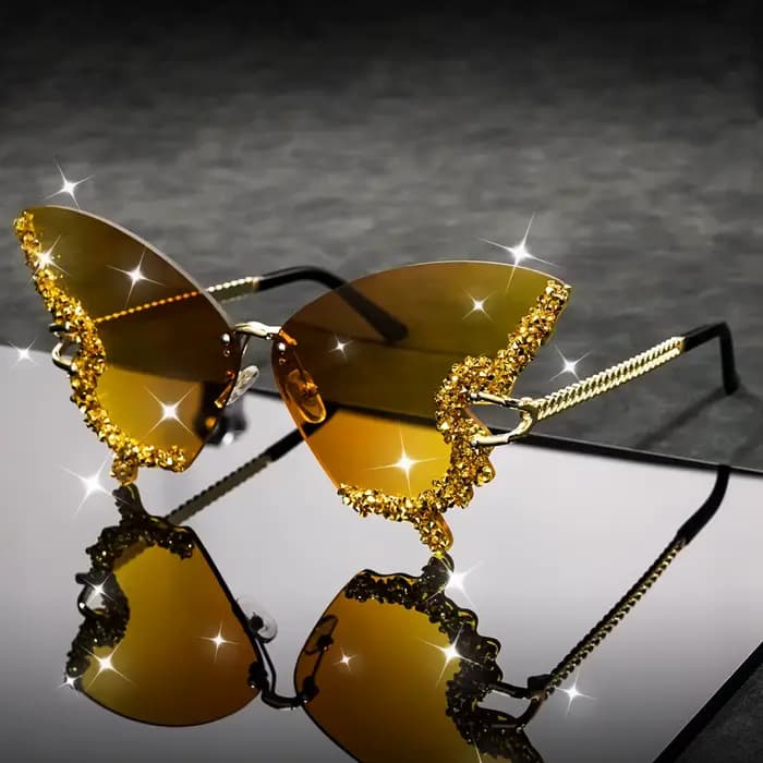 Lunettes de soleil papillon sans bords pour femmes et hommes, verres décoratifs dégradés en strass s
