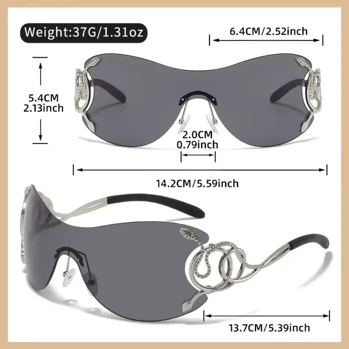 Lunettes de soleil nouveau style avec décoration motif serpent : design sans monture en alliage de zinc, lentilles PC, charnières métalliques Perfect Street Fashion.
