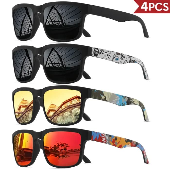 Lunettes de soleil de sport carrées 4 pièces avec motif de temple de créateur - UV400 pour hommes et femmes