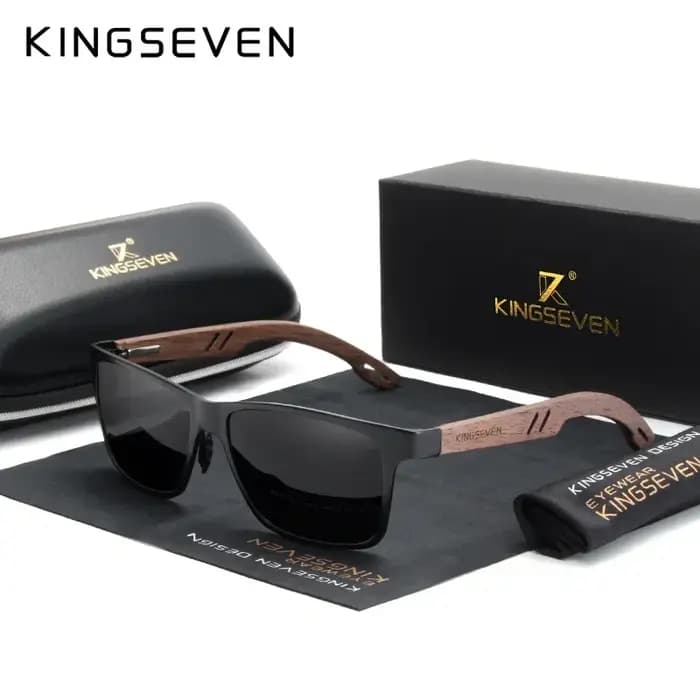 KINGSEVEN Lunettes de soleil carrées polarisées pour hommes en bois de noyer faites à la main