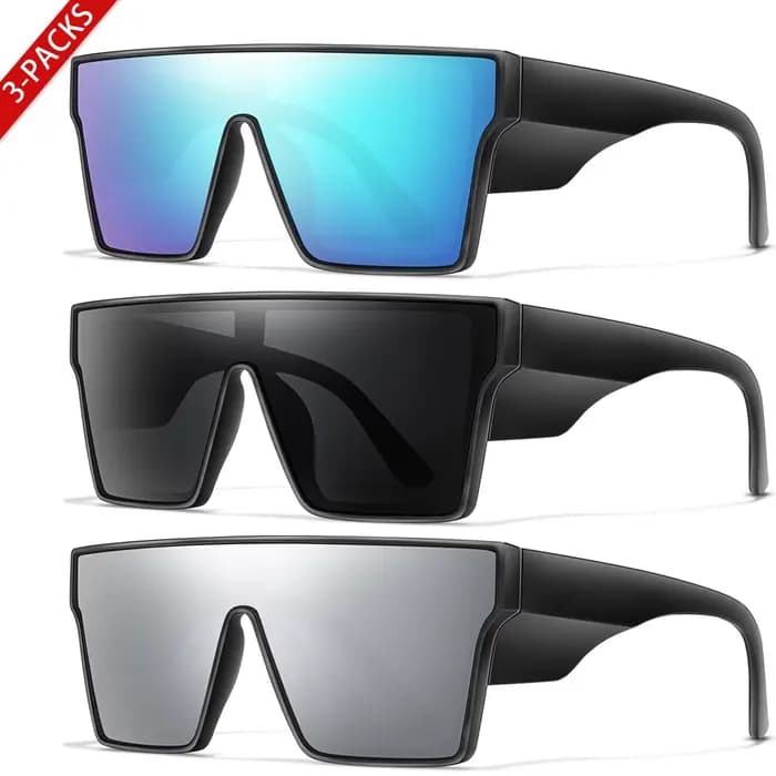 3 paires de lunettes de soleil à grande monture UV400, verres colorés pour hommes et femmes, Sports