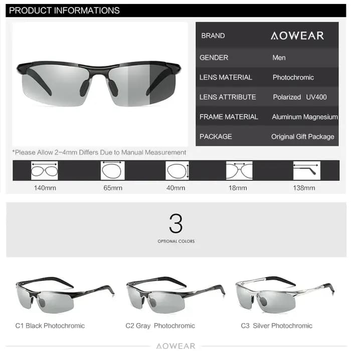 AOWEAR-Lunettes de soleil photochromiques pour homme, polarisées jour et nuit, style sport, caméléon