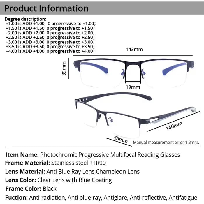 Lunettes de lecture multifocales photochromiques progressives, Anti lumière bleue, presbytes, pour h