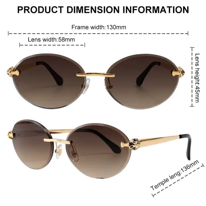 Lunettes de soleil ovales sans monture Steampunk pour femme 2026 – Marque de luxe
